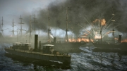 Total War: SHOGUN 2 - Fall of the Samurai - A large naval battle is depicted. In the foreground we see an ironclad – one of the modern, steam-driven ships. In the background, another ship is engulfed in a cataclysmic explosion which will break it in two.